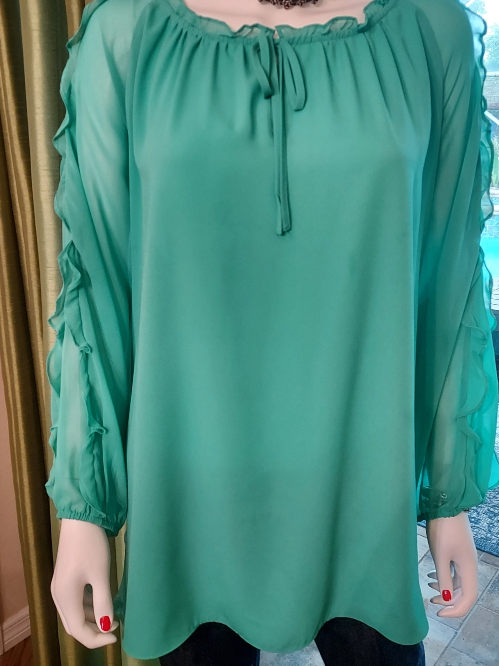 Cato Teal Peasant Tunic with Cold Shoulder Ruffle Sleeves. Sz. 26/28